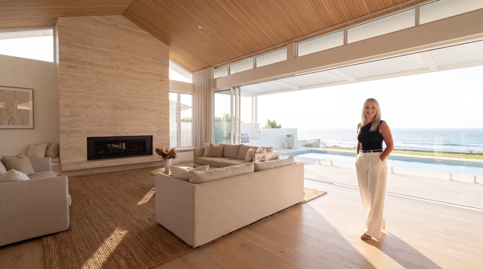 Light-filled coastal living room with a covered terrace
