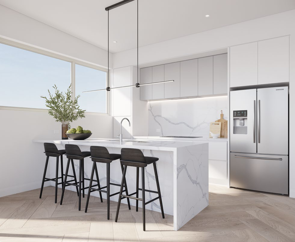 Open-plan kitchen with stone benchtops and integrated appliances