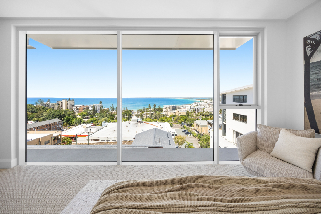 Bedroom with panoramic coastal outlook in Penthouse 701, Ocean Rise Kings Beach