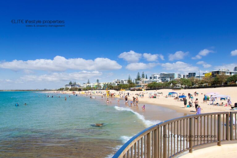 Swimmers and sandy shoreline at Kings Beach, Caloundra