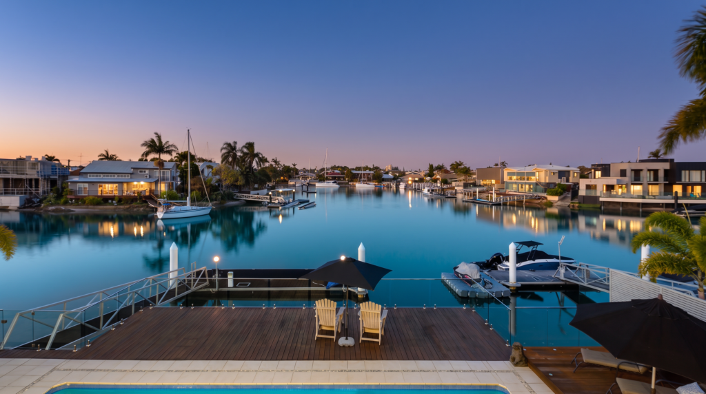 Sunshine Coast canal homes and private pontoons at twilight in Minyama