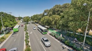Sunshine Coast Council artist’s impression of the Caloundra Transport Corridor Upgrade on Oval Avenue, showing bus stops, traffic lanes and a separated cycle path.