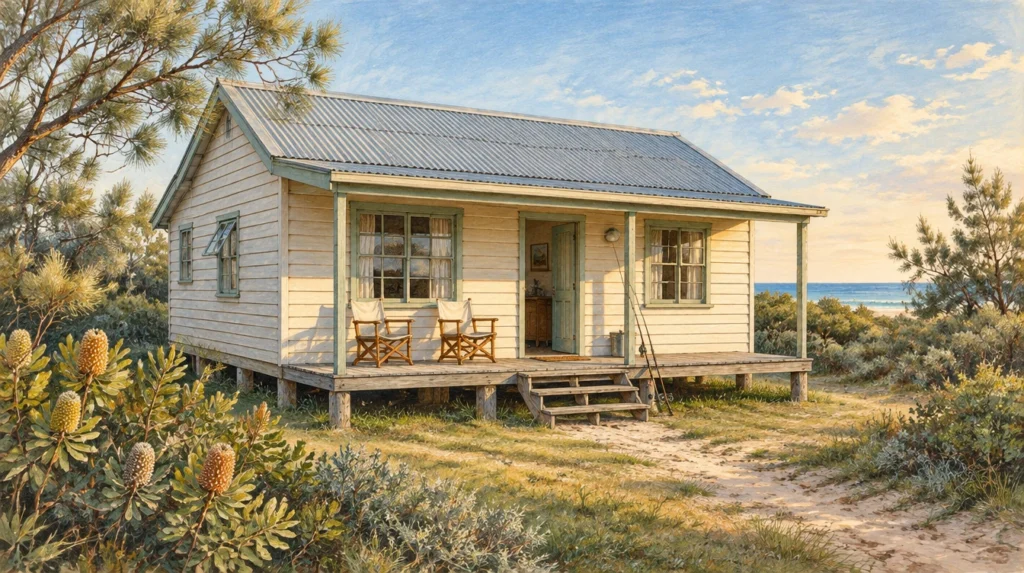 AI-generated illustration of a timber Queensland beach house with a verandah and coastal vegetation