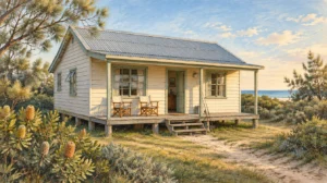 AI-generated illustration of a timber Queensland beach house with a verandah and coastal vegetation