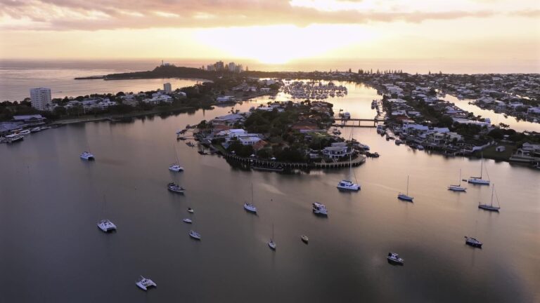 Aerial view of Minyama waterfront homes and waterways