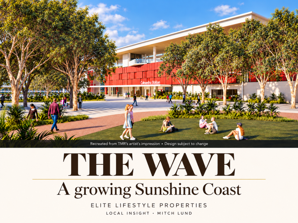 ELITE editorial cover showing a recreation of the proposed Caloundra station, with The Wave: A growing Sunshine Coast headline. Design subject to change.